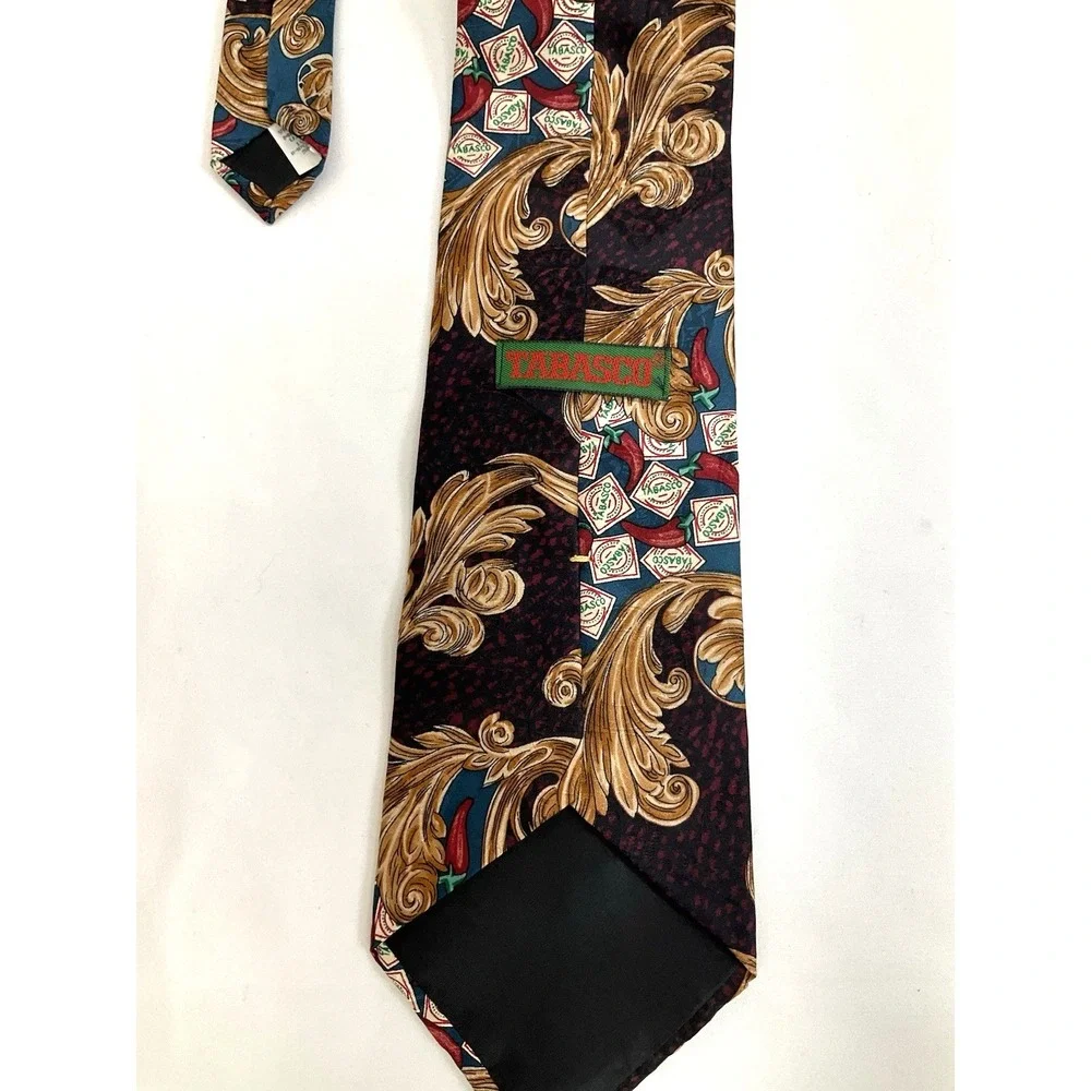 Vtg‎ 90s Tabasco Silk Tie Baroque Gold Scroll Novelty Necktie USA 57